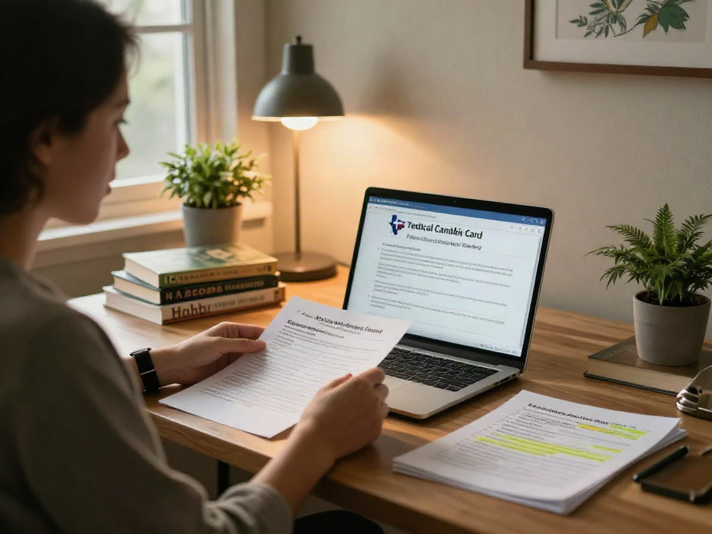 Individual reviewing Texas Medical Cannabis Card application in a cozy home office with educational materials.