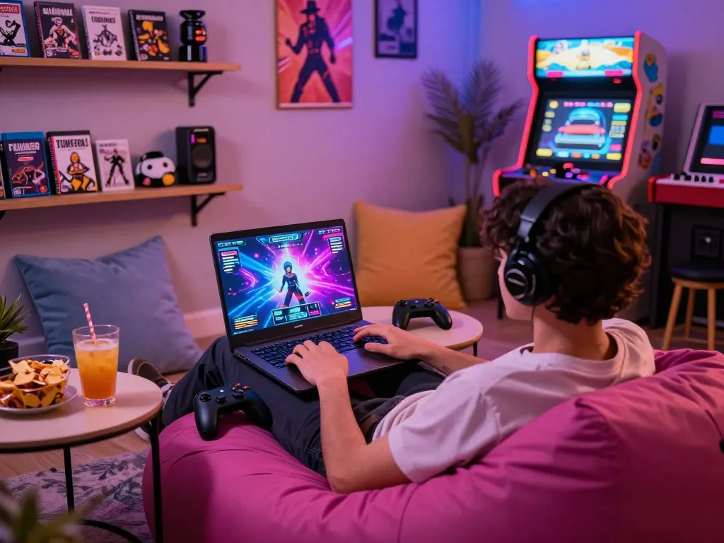 Enjoy immersive gameplay with online sex games in a cozy gaming nook with vibrant atmosphere.