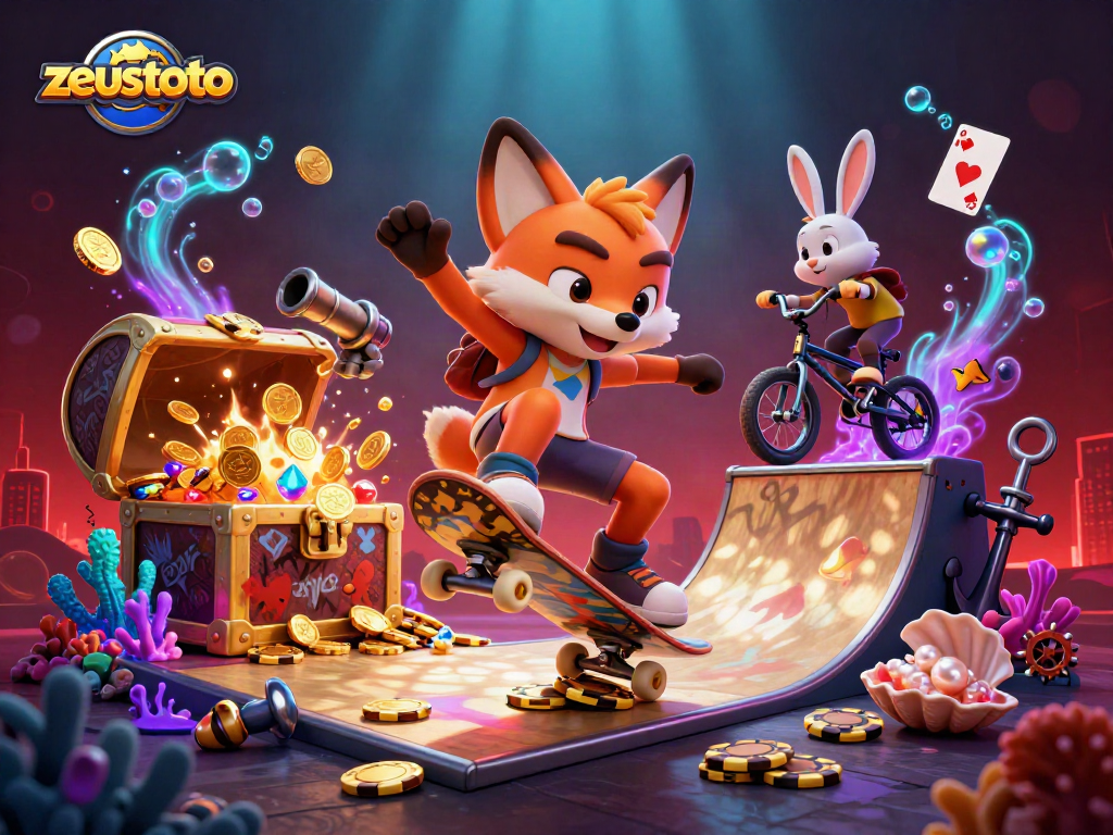Experience zeustoto's thrilling gameplay featuring a skateboarder fox and BMX rabbit in a vibrant casino scene.