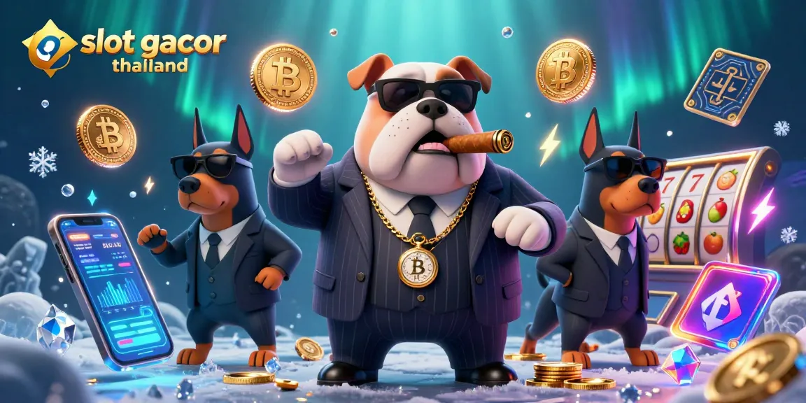 Engage with slot gacor thailand in this vibrant casino scene featuring a bulldog and Dobermans.