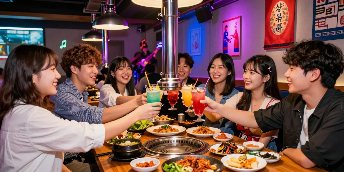 A group of friends celebrating at 상봉동 한국관나이트 with cocktails and Korean BBQ, illuminated by vibrant neon lights.