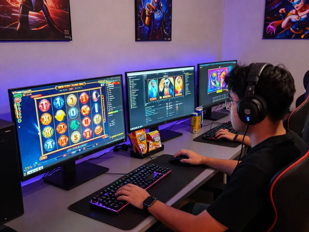 Engaging gaming scene with a player exploring slot gacor hari ini on multiple screens, showcasing modern home office setup and immersive atmosphere.
