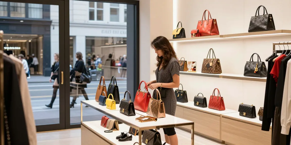 Shopper examining high-quality 레플리카 luxury handbags in a chic urban store