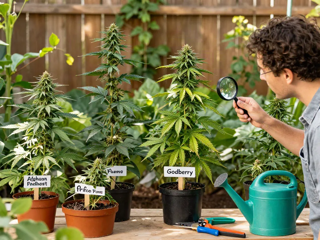 Regular photoperiod seeds displayed in a vibrant garden with a grower inspecting cannabis plants.