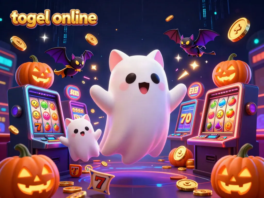 Play togel online with a ghost cat and vampire bat in a vibrant casino scene.