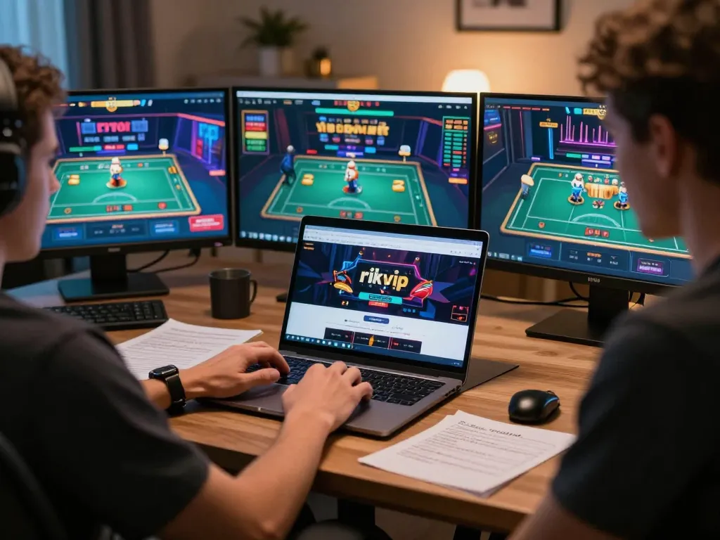 Engaging gameplay on the rikvip platform from a cozy home office setup, highlighting online gambling excitement.