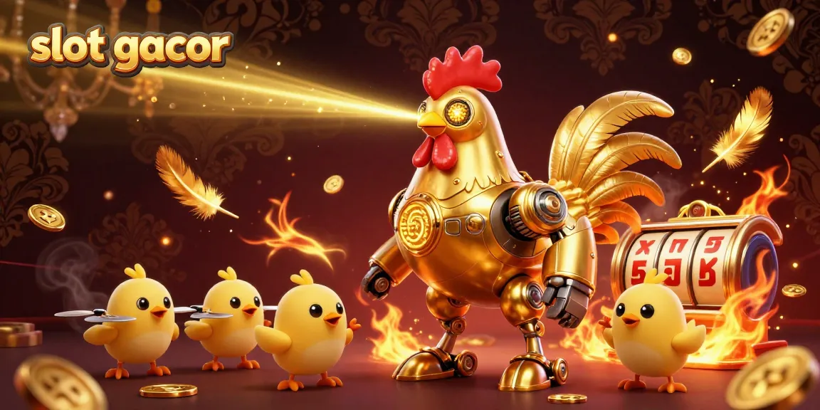 Engage with slot gacor in a dynamic casino scene featuring a golden rooster robot and playful chick drones.