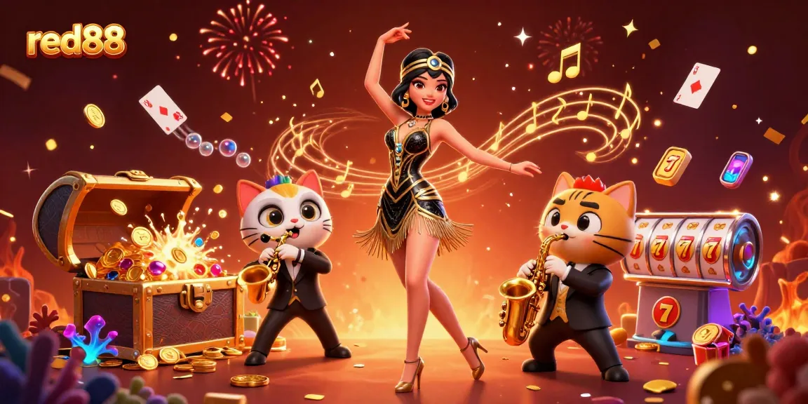 Experience the excitement of red88 with a lively casino-themed scene featuring vibrant characters and gameplay elements.