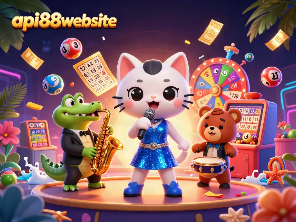 Play lottery and win prizes at api88website with colorful balls and casino characters.