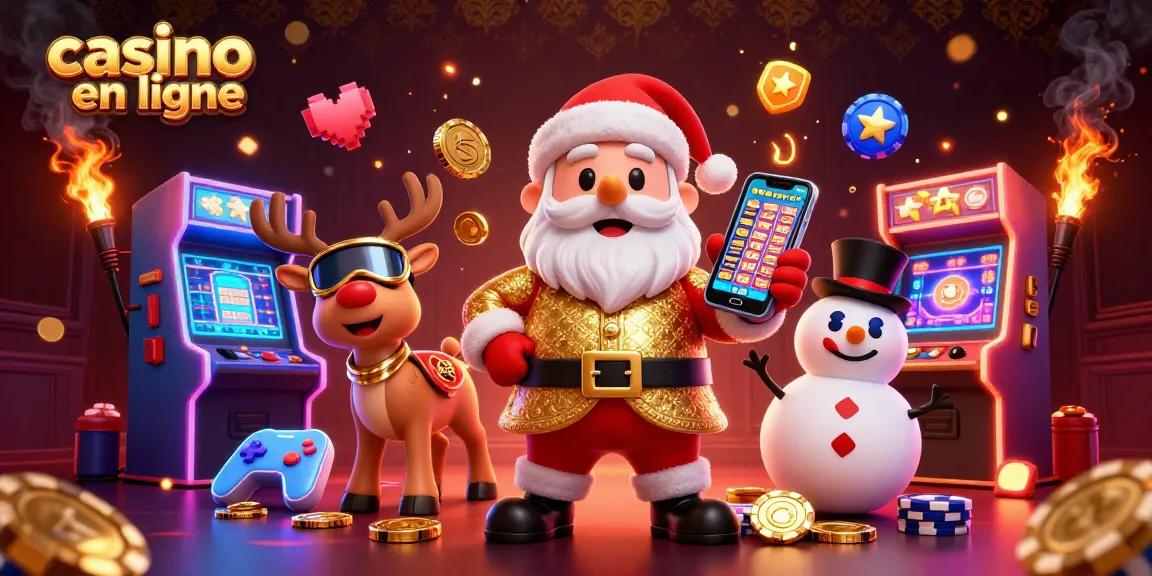 Explorez le casino en ligne avec Santa, un renne et un bonhomme de neige, entourés de machines à sous colorées.