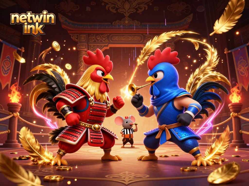 Witness the showdown of twin fighting roosters in samurai and ninja styles at netwin ink. Online gambling excitement awaits!