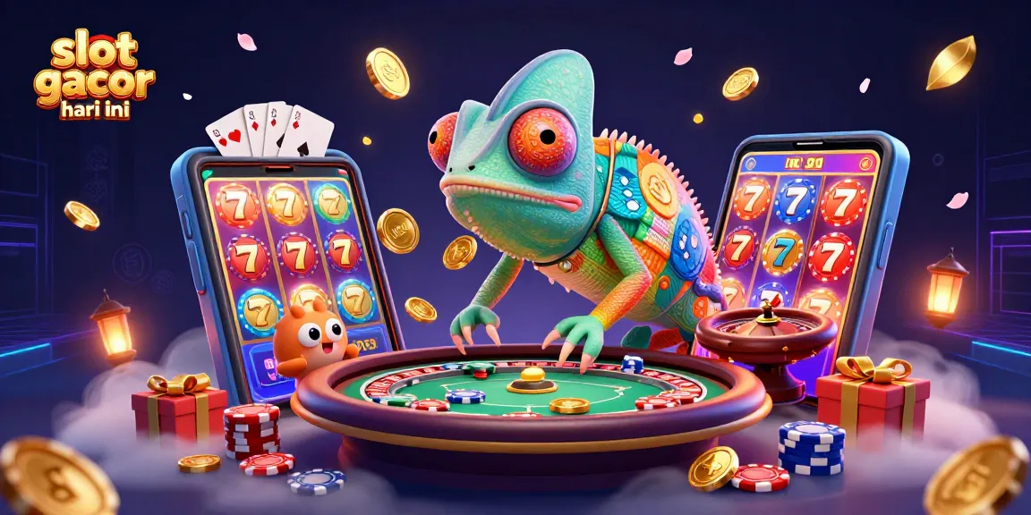 Engage with slot gacor hari ini through a vibrant casino illustration featuring a chameleon owner and dynamic game elements