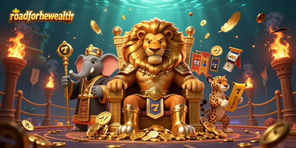 Experience the excitement of roadforthewealth with a vivid 3D scene featuring a regal lion king, an elephant scepter-bearer, and a speedy cheetah, amidst dynamic casino elements.