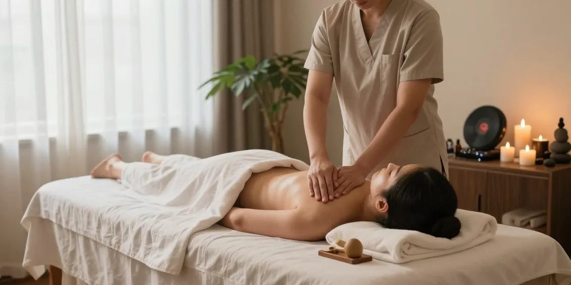 구로마사지 therapy session in a serene wellness center with calming ambiance and therapeutic elements.