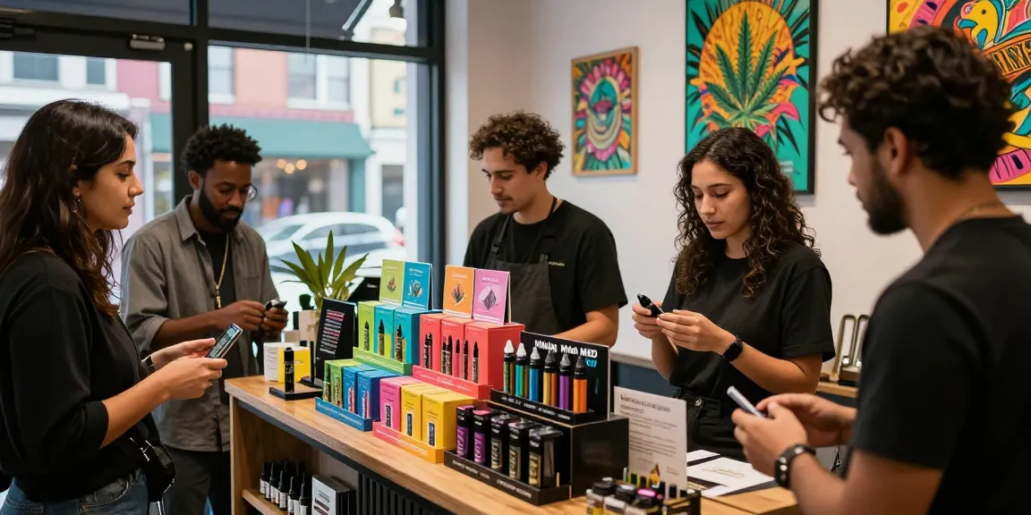 Customers exploring Muha Med cannabis products in vibrant urban shop