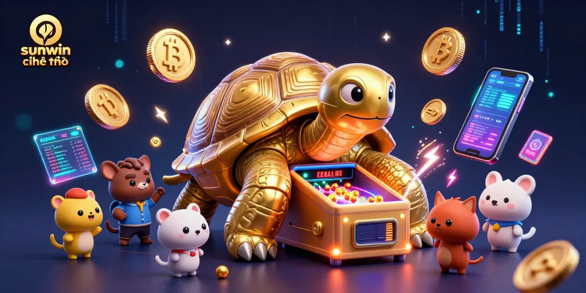 Experience sunwin chính thức with a lively scene of a golden tortoise and excited players, featuring vibrant crypto elements.