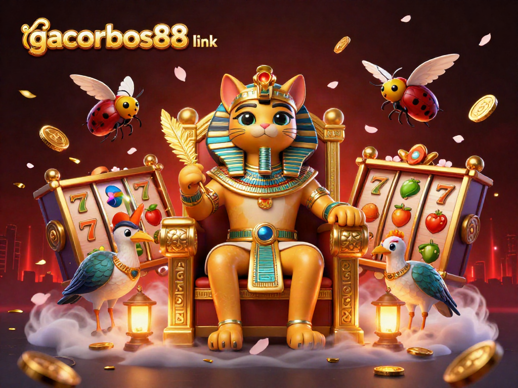 Engage with the gacorbos88 link in a vibrant 3D casino scene with Egyptian motifs and winning slot machines.