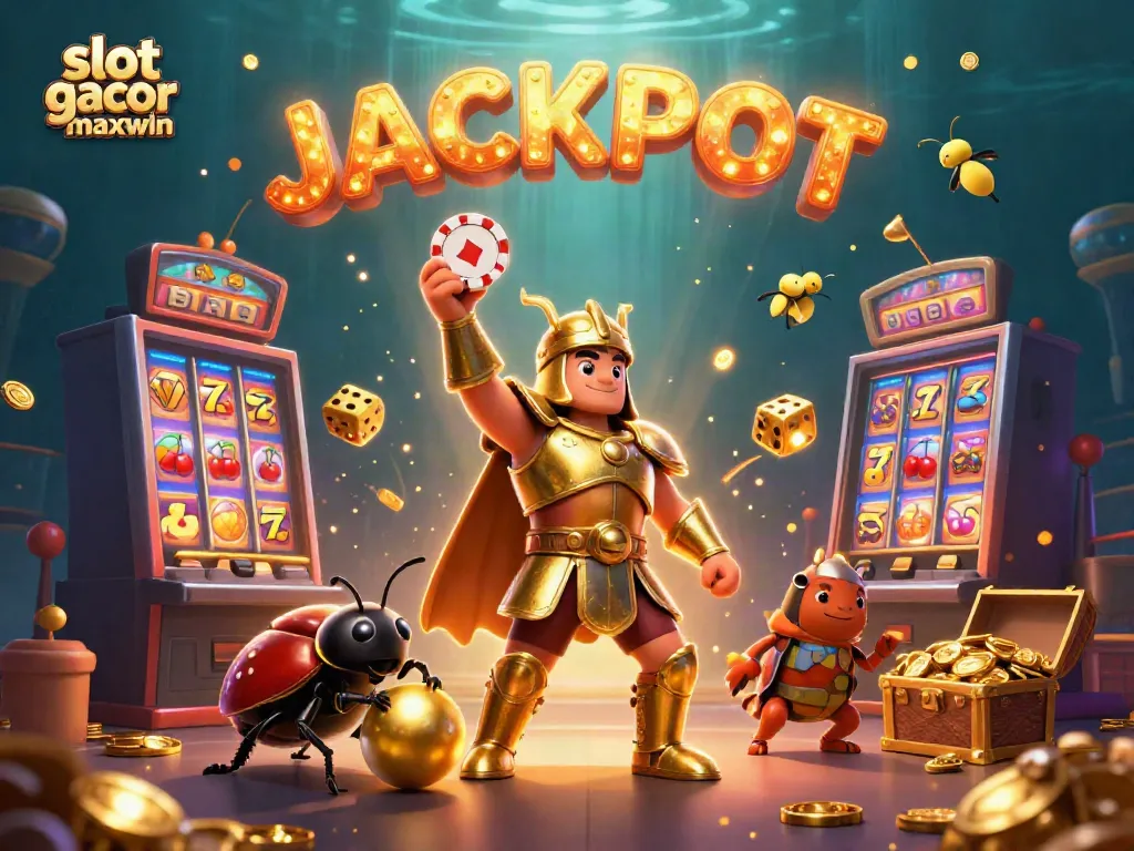 Engage with slot gacor maxwin as a heroic beetle lifts a poker chip amidst a jackpot scene.