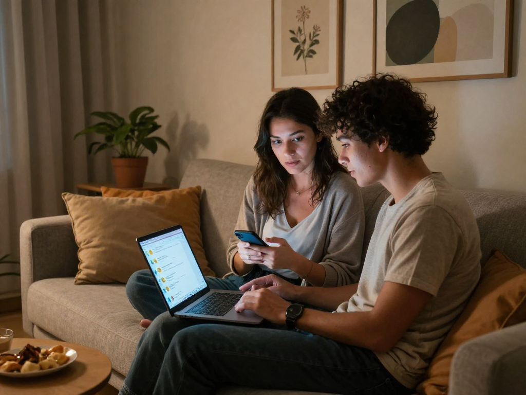 Couple using sex AI chat technology in a warm, inviting setting