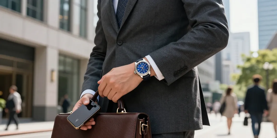 Elegant professional showcasing super clone watches in a vibrant urban setting.
