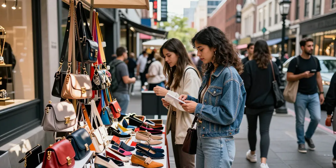 A young woman exploring high-quality 레플리카 사이트 accessories at an urban outdoor market stall, showcasing vibrant street fashion.