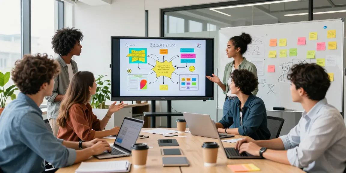 Dynamic collaboration among creative teams using mixboard ai on digital canvas in modern office.