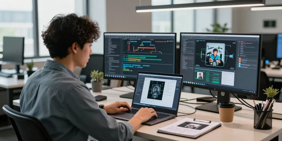 A professional examining AI-generated image results using a free ai image detector in a modern tech office.