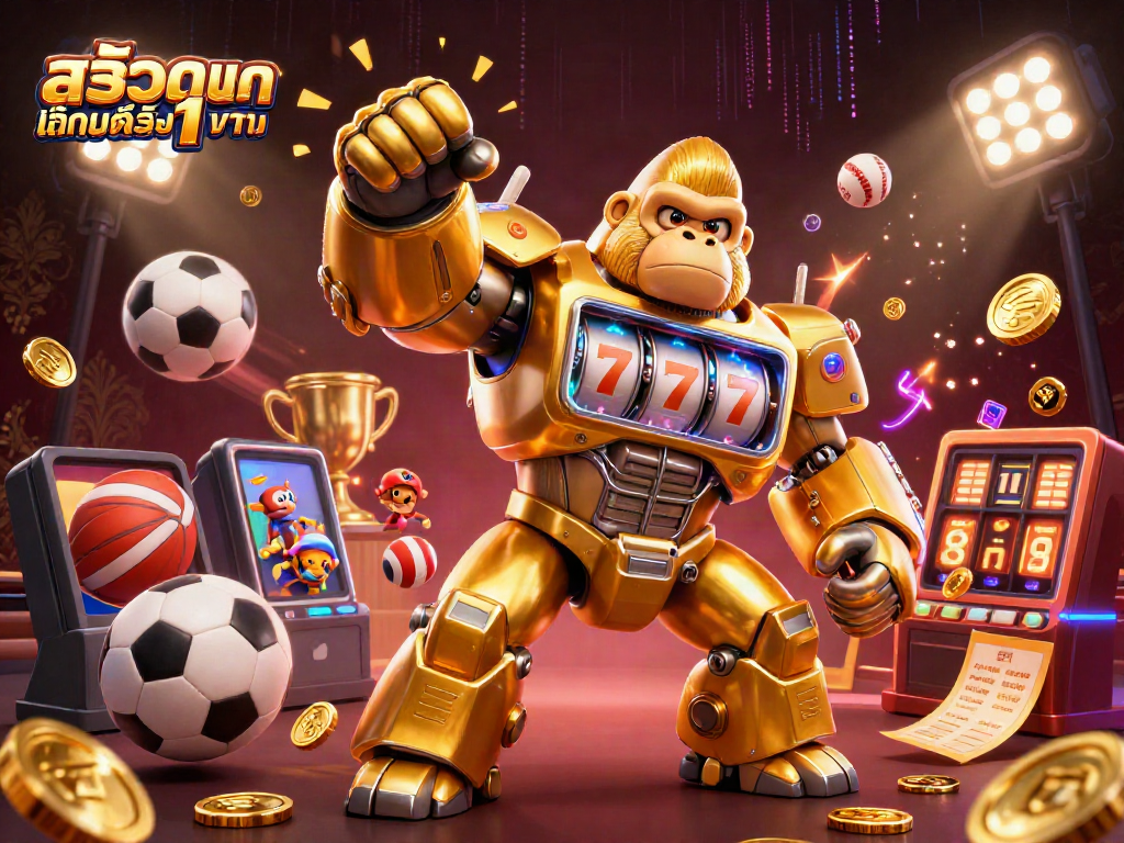Engage in thrilling action at สล็อตฝากขั้นต่ำ1บาท with a dynamic casino-themed illustration featuring a golden gorilla mech.
