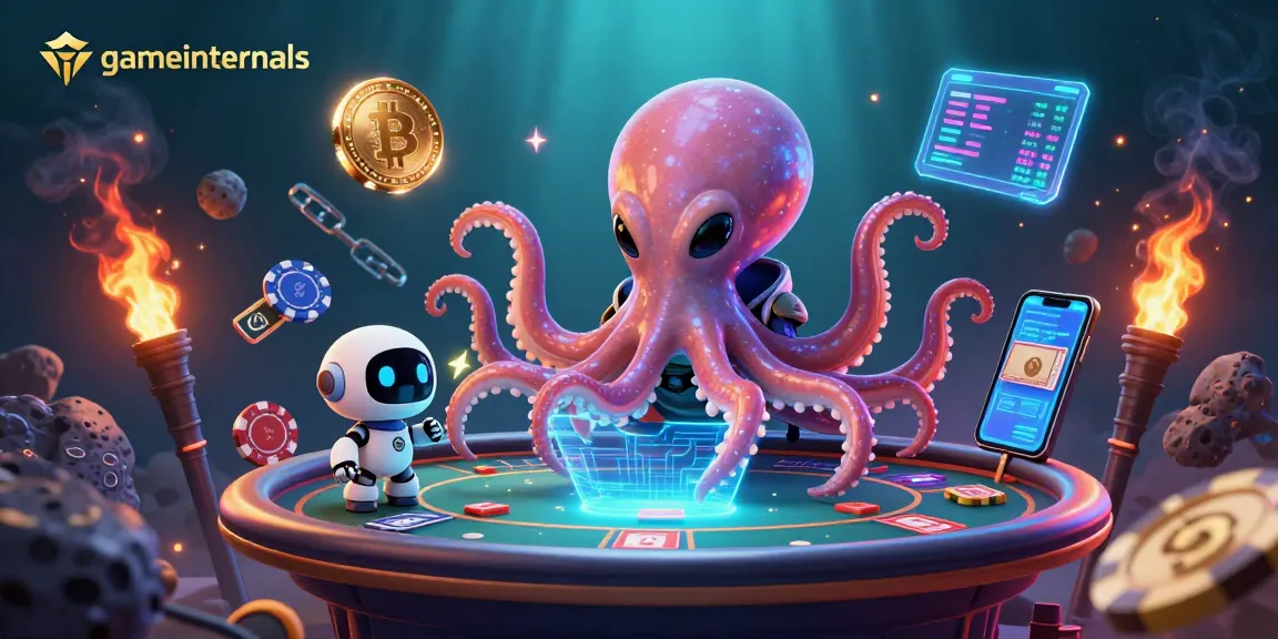 gameinternals features a vibrant alien octopus at a holographic poker table surrounded by crypto coins.