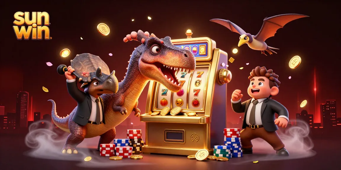 Join the excitement of sun win as a dinosaur heads for jackpot coins from a golden slot machine.