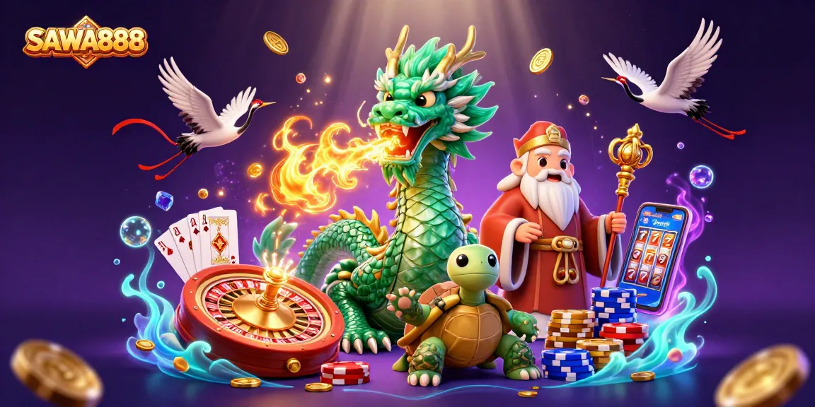 Experience the thrilling world of SAWA888 with a jade dragon, lucky cranes, and casino elements.