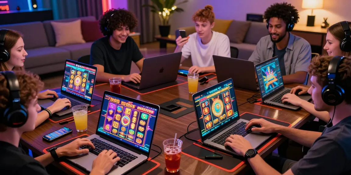 Players enjoying a slot gacor game on multiple devices in a lively online casino atmosphere.