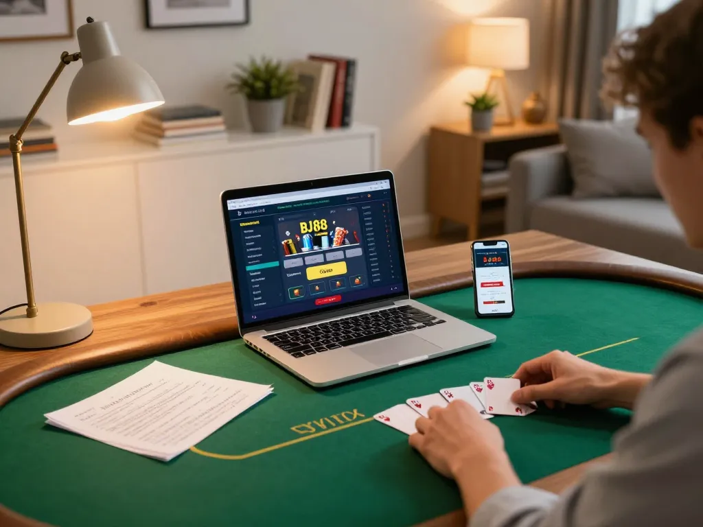 Player enjoying a poker game on BJ88 platform, surrounded by strategy notes and a smartphone.