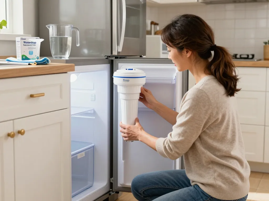 Homeowner replacing Waterdrop Replacement for Frigidaire® & Electrolux® WF2CB® filter in a bright kitchen.