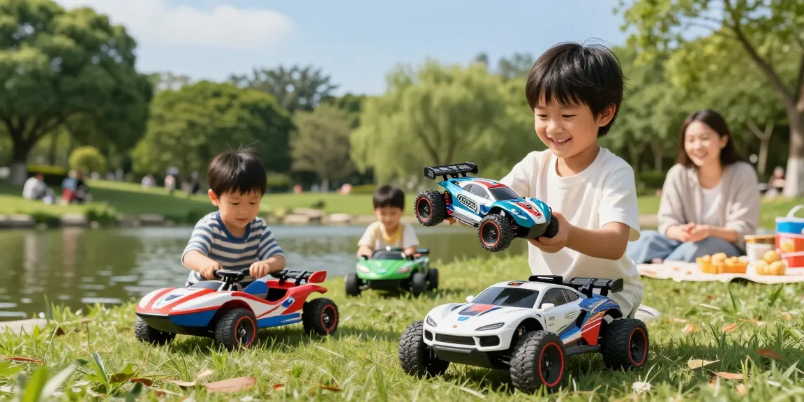 Children enjoying rokok88 remote control vehicles in a sunny park, showcasing fun and excitement.