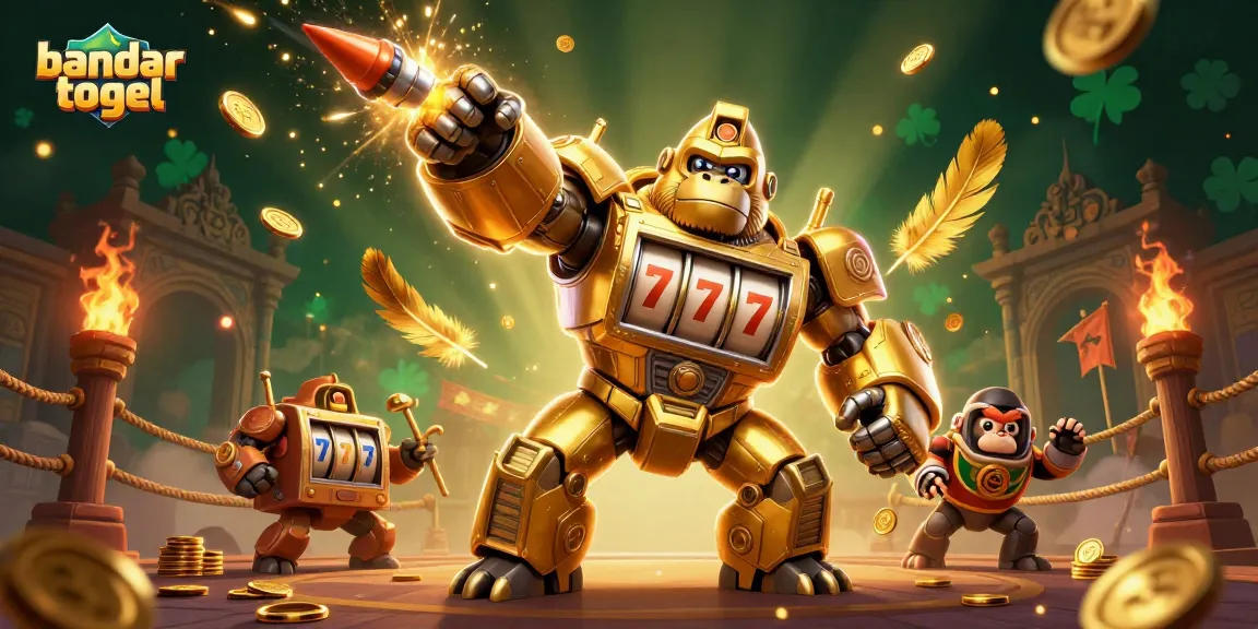 Experience the thrill of bandar togel with a dynamic 3D scene featuring a golden gorilla mech.
