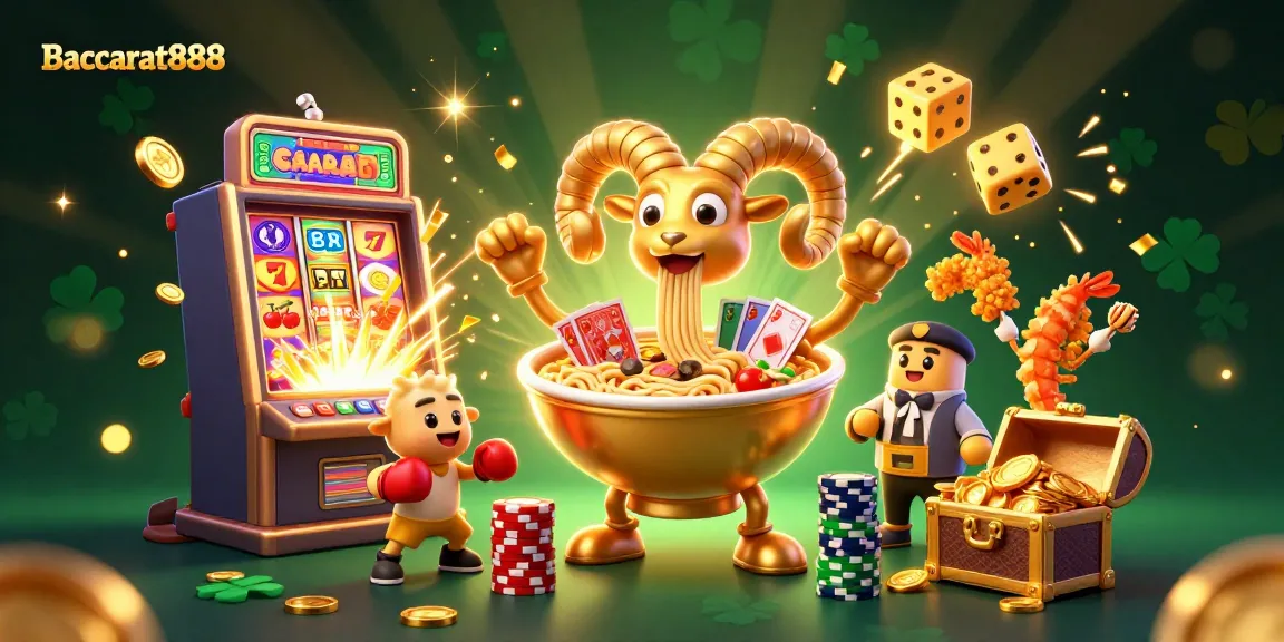 Baccarat888 features a vibrant 3D casino scene with a flamboyant golden ramen bowl character engaging players with cards and chips.