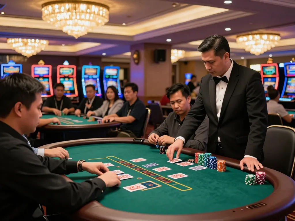 Players engaging at blackjack tables in an upscale casino atmosphere at nhà cái fly88, showcasing strategic gameplay.