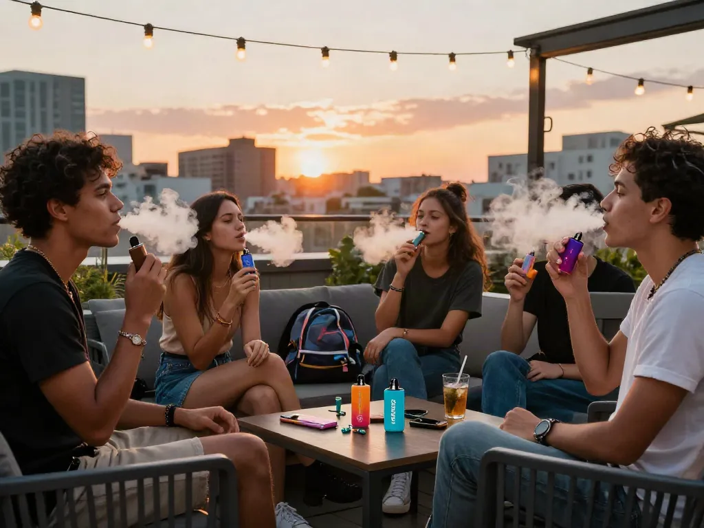 Social gathering with friends using Geek Next vape on rooftop, urban sunset vibe.