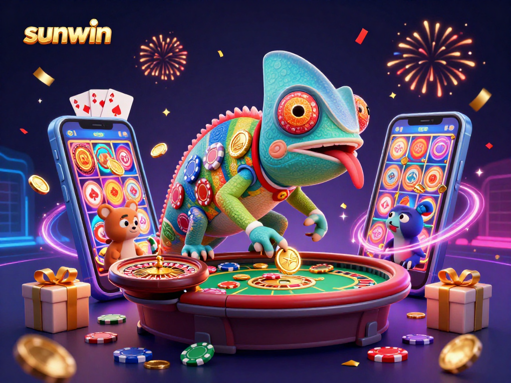 Experience the excitement of sunwin as the chameleon owner snaps up golden coins amidst vibrant casino games.