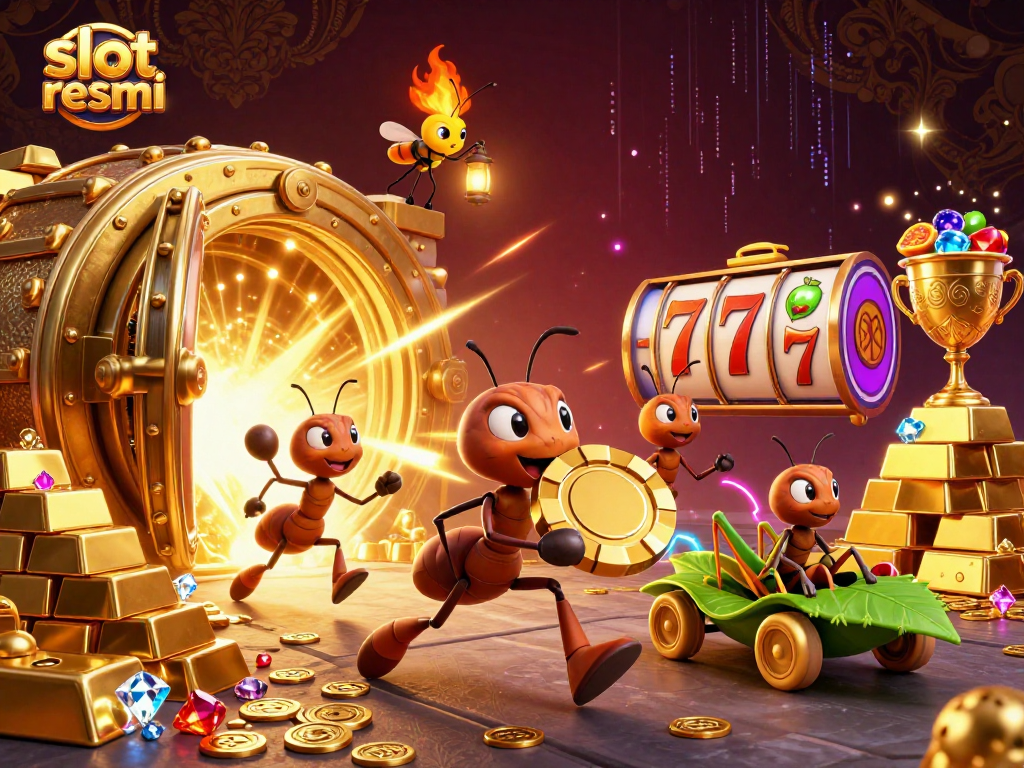 Experience the excitement of slot resmi with a lively heist scene featuring ants and vibrant treasures.