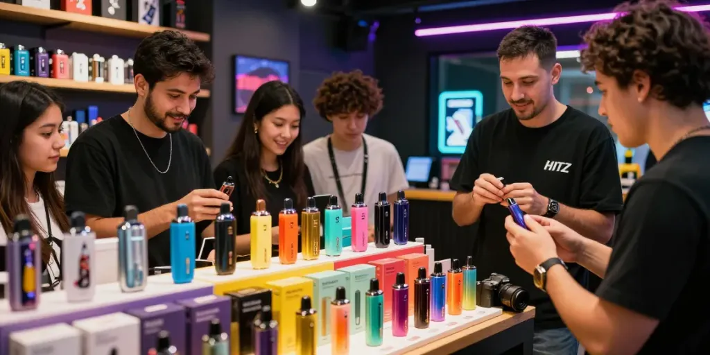 Engaging scene featuring Hitz infinity Gen 7 disposable vapes at a stylish vape shop with enthusiastic customers.