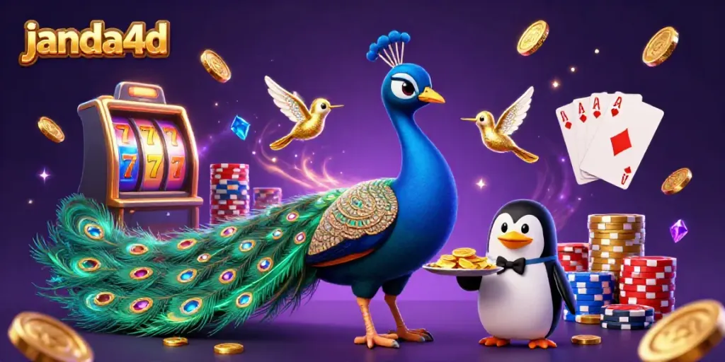 Permainan kasino di JANDA4D dengan burung merak dan pengantar kartu memikat.