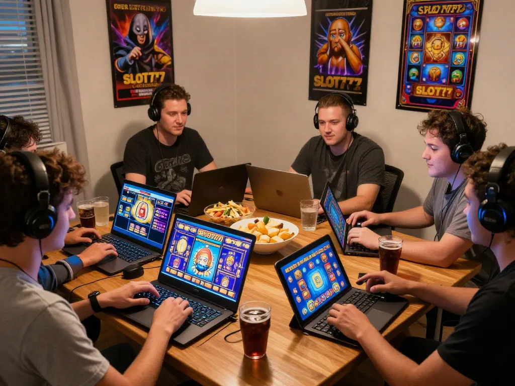 Friends playing slot games online on SLOT777, creating a fun and engaging atmosphere.