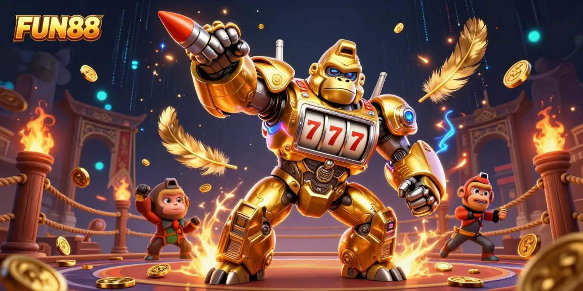 Engage in exciting gameplay with FUN88's dynamic 3D digital illustration featuring a golden gorilla mech and vibrant casino elements.