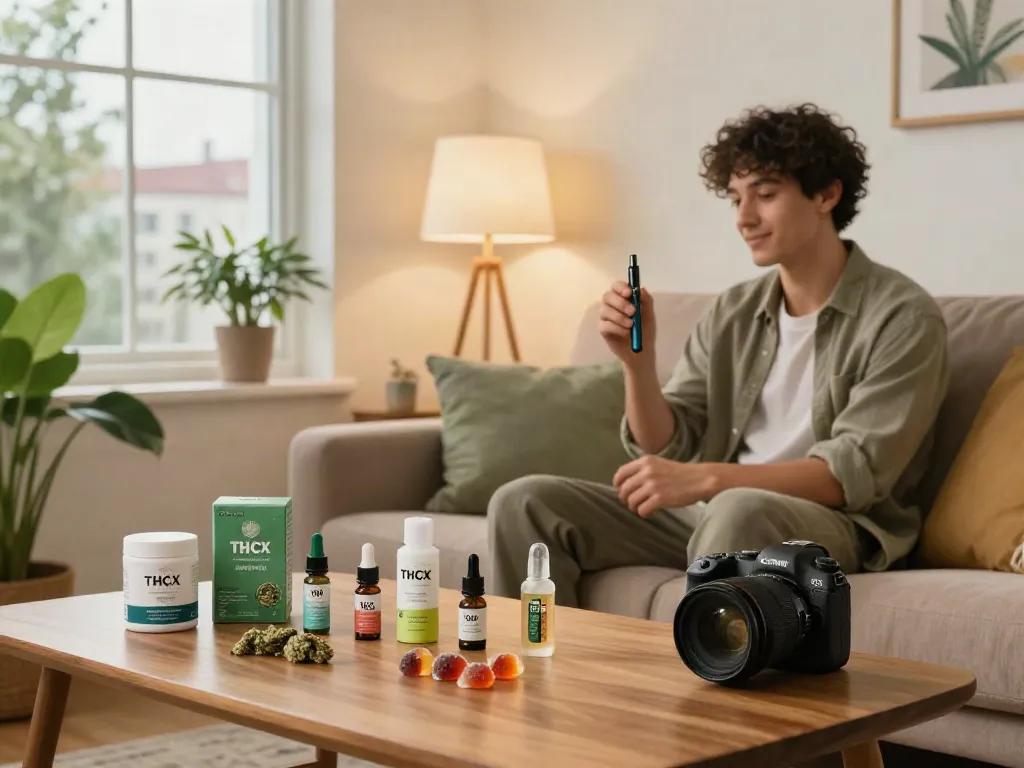 Person enjoying a THCP vape in a cozy living room surrounded by lab-tested CBD products.