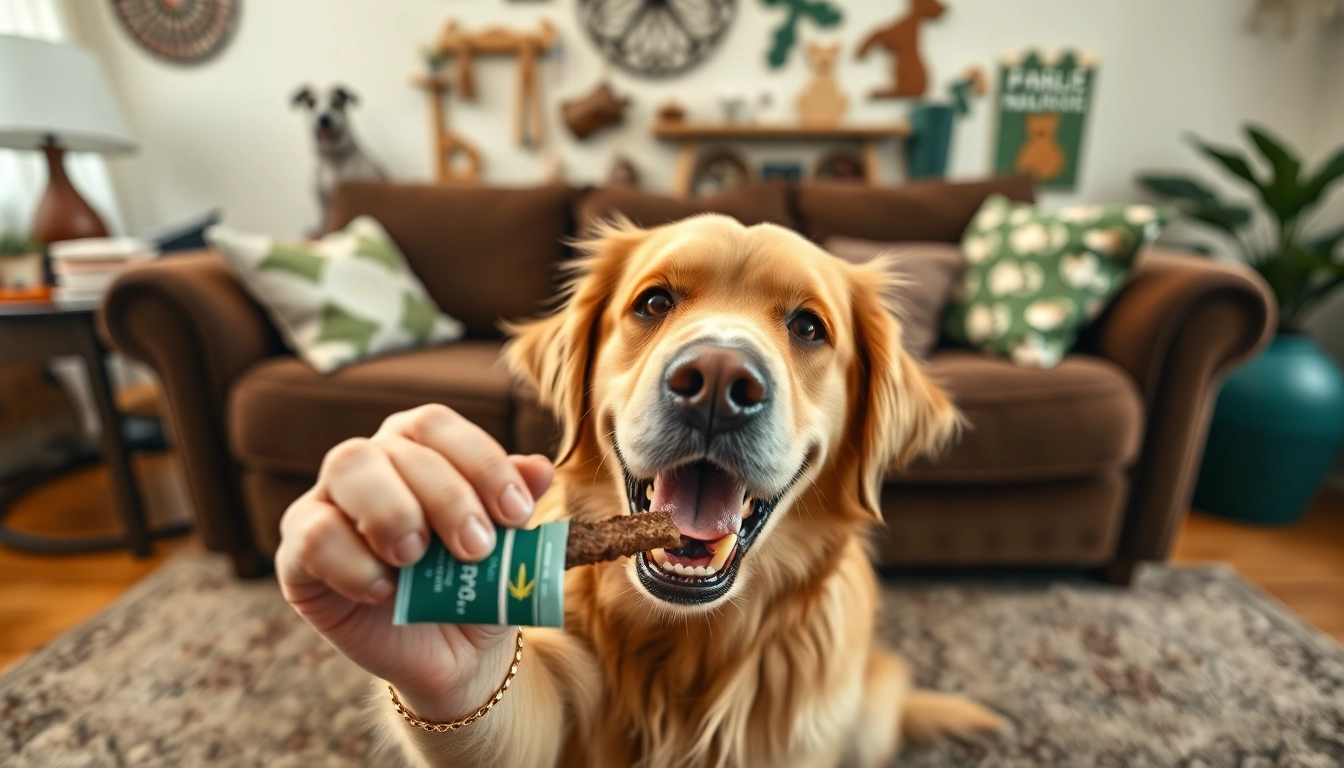 Engaging dog happily receiving CBD For Pet treats in a cozy home environment.