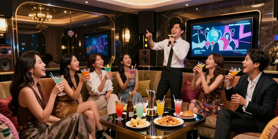 A lively Gangnam karaoke room with friends enjoying drinks and singing along with a manager, showcasing the vibrant nightlife atmosphere.