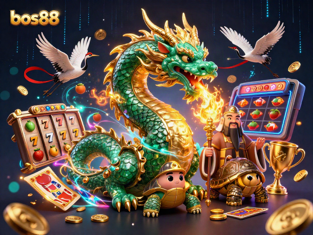 Bos88 menghadirkan suasana kasino dengan naga hijau dan simbol slot yang menggairahkan untuk para penjudi.