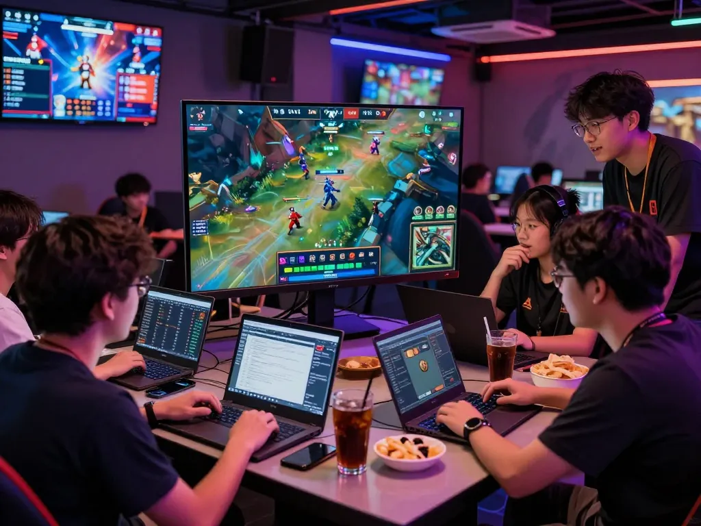 Friends engaged in esports betting Singapore surrounded by screens showing live matches and stats.